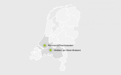 Kaart van Nederland met twee regio's: Midden- en West-Brabant en Rijnmond/Drechtsteden